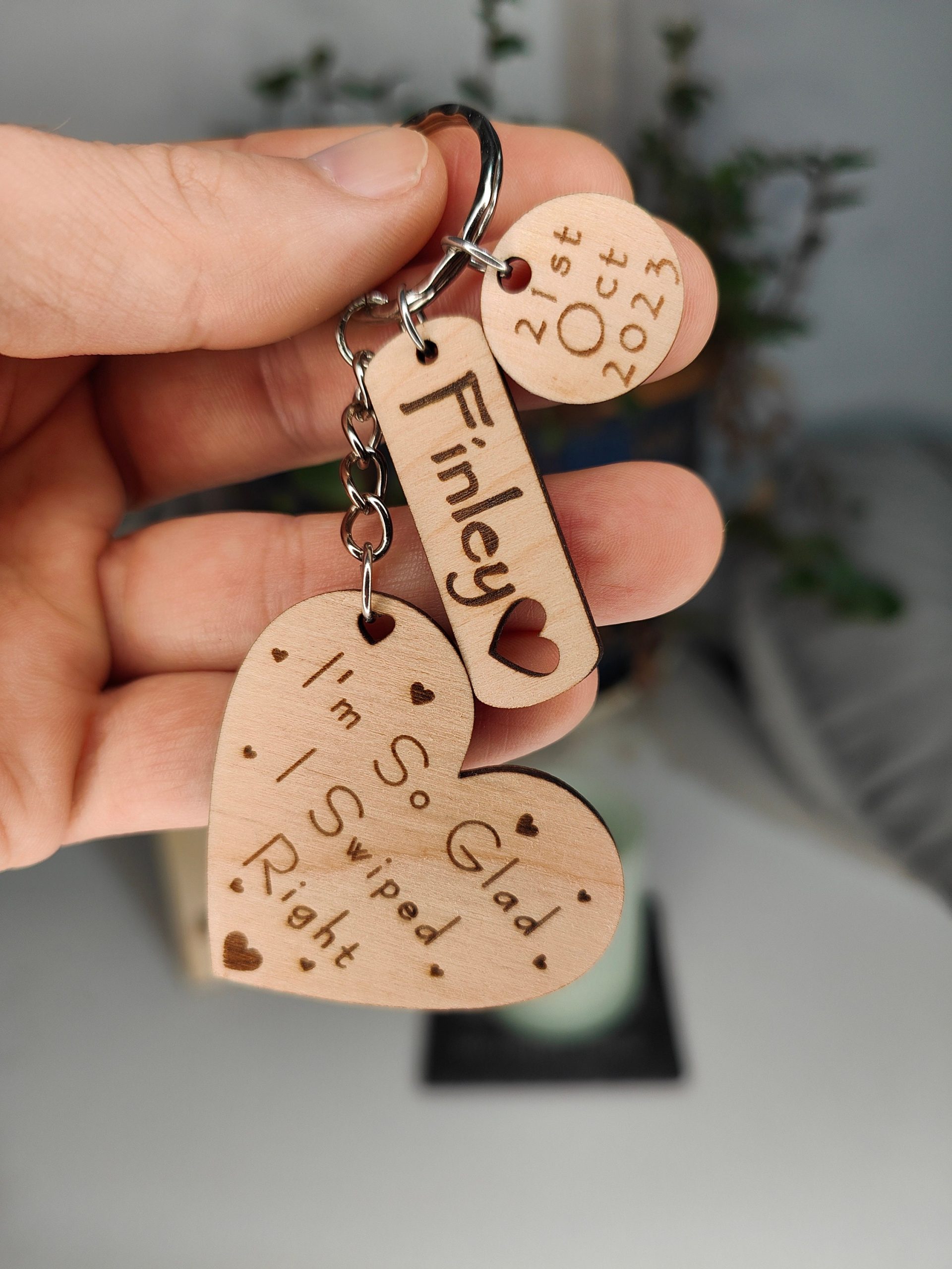 Personalised Wooden Heart Keyring Set, Online Dating Gift