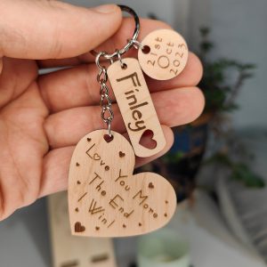 Personalised Wooden Heart Keyring: Engraved Name & Date, Valentine's Gift