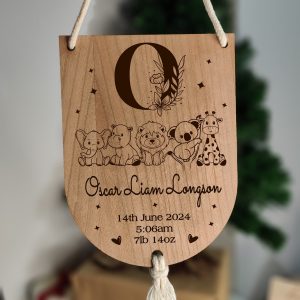 Personalised Jungle Safari Nursery Sign: Engraved Wooden Baby Arrival Gift