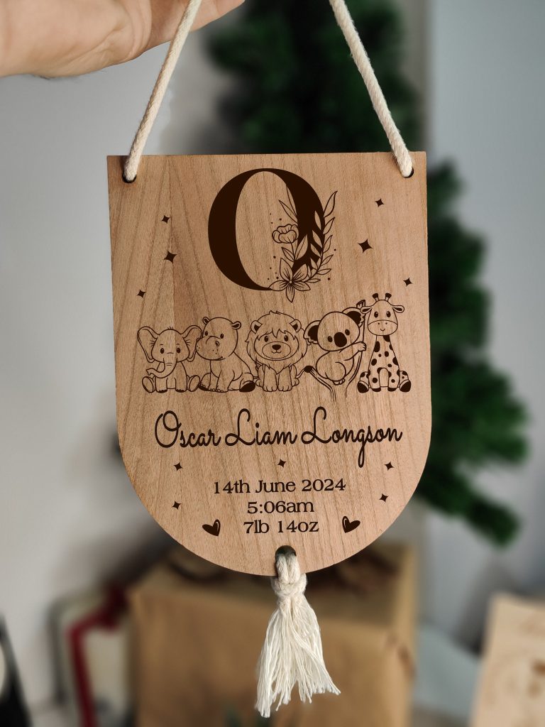 Personalised Jungle Safari Nursery Sign: Engraved Wooden Baby Arrival Gift