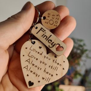 Personalised Wooden Poem Keyring: Engraved Name & Date, Valentine's Gift