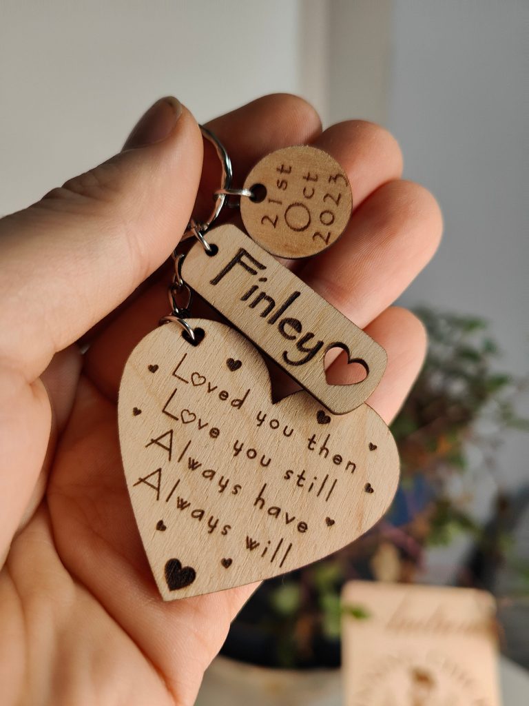 Personalised Wooden Poem Keyring: Engraved Name & Date, Valentine's Gift
