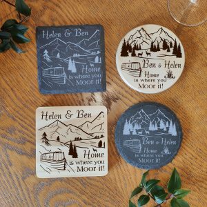 Personalised Canal Boat Coaster: Laser Engraved Wood or Slate Gift