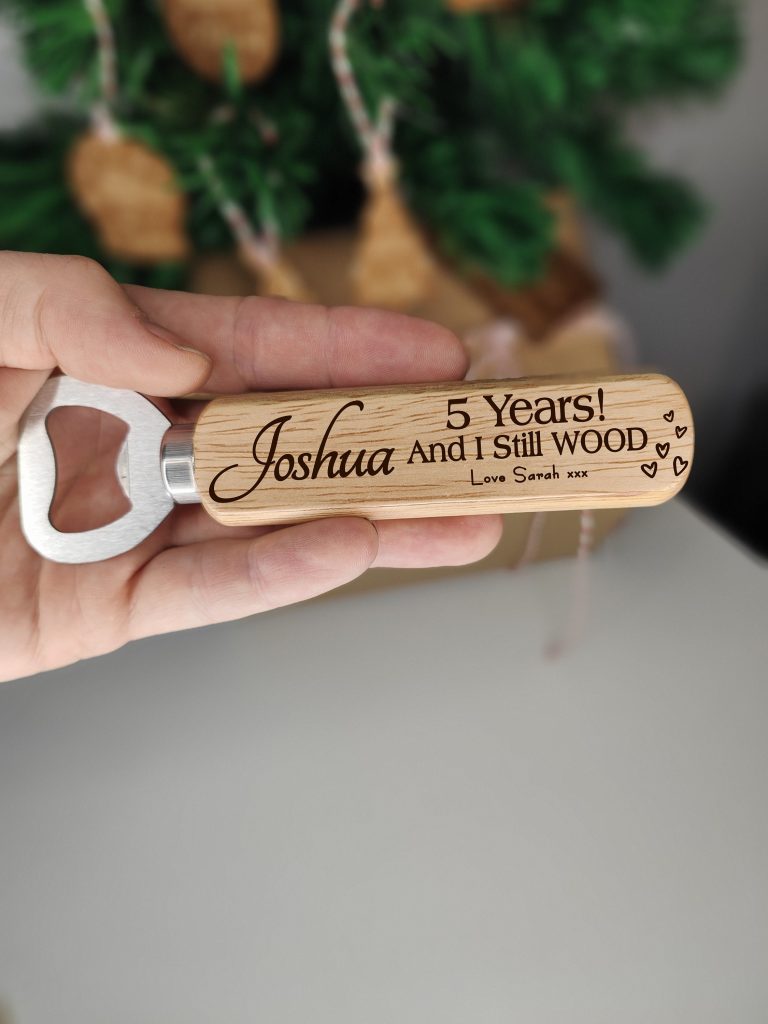 Personalised 5 Year Anniversary Wooden Bottle Opener: Funny Love Gift