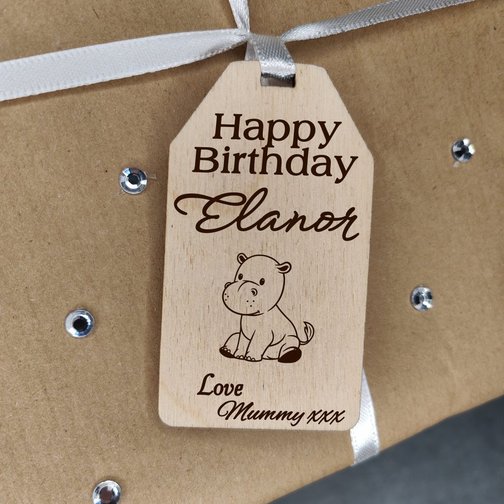 Personalised Safari Animal Birthday Gift Tag: Engraved Wooden Label