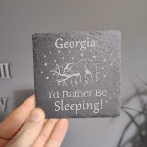 Personalised Sloth Coaster: Engraved Slate Gift