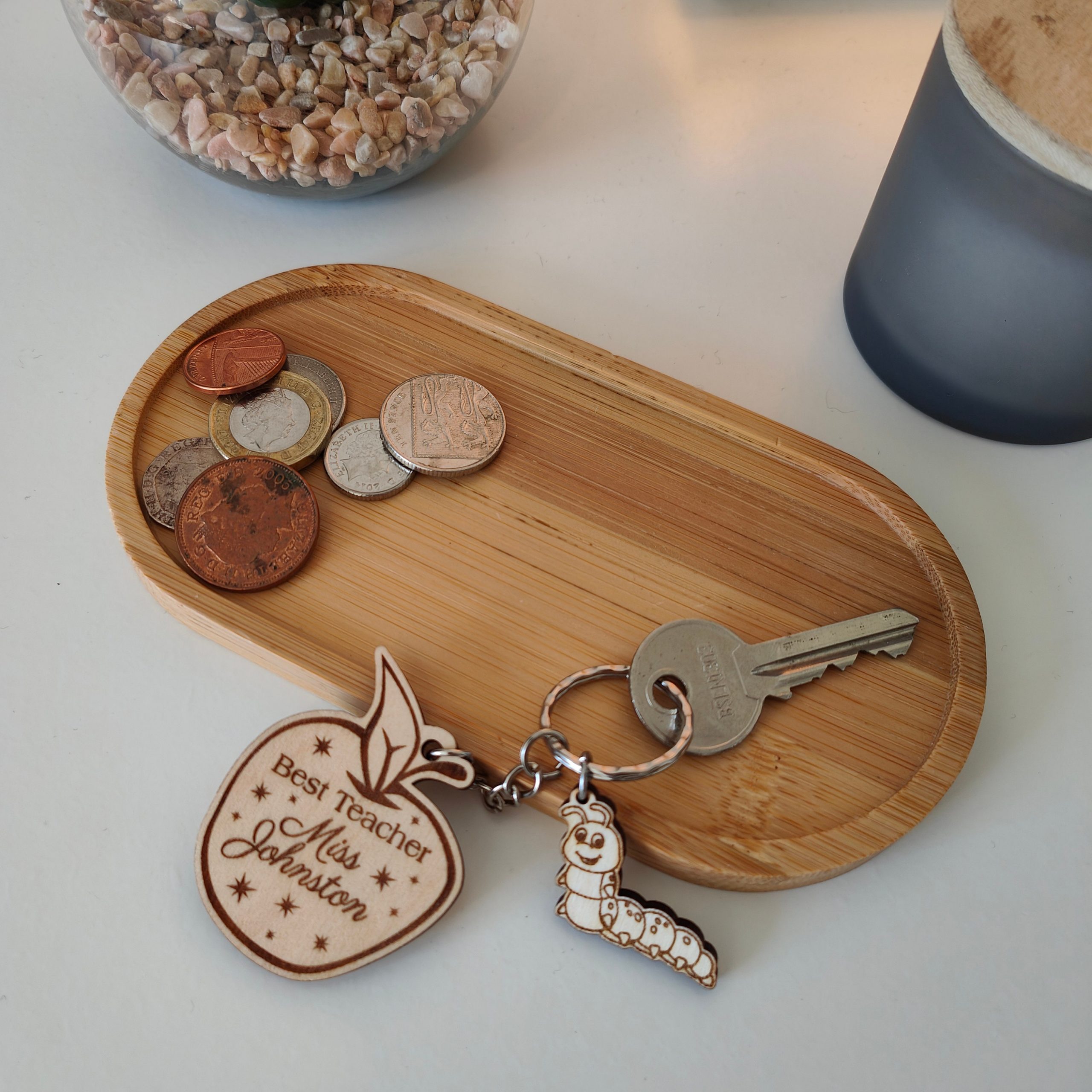 Personalised Teacher Gift Keyring: Engraved Wooden Apple & Caterpillar Tag - Image 4