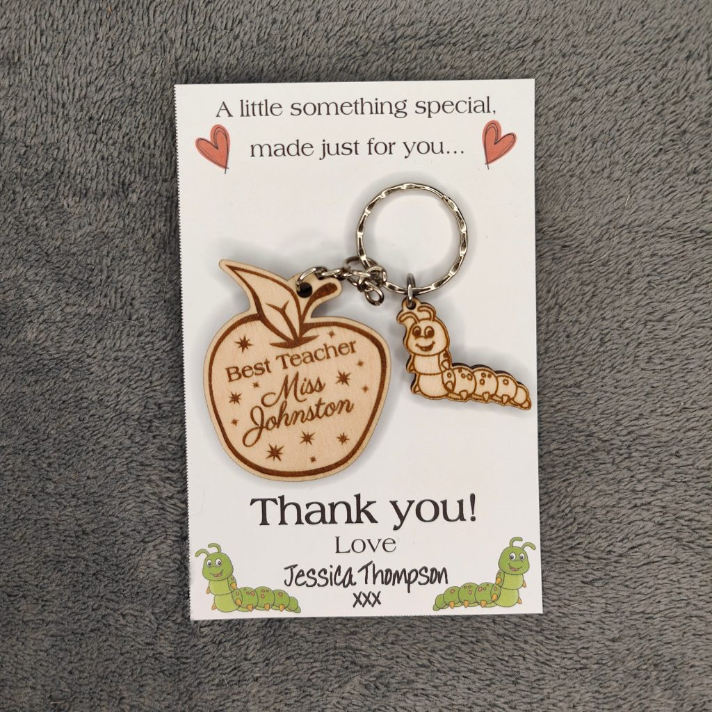 Personalised Teacher Gift Keyring: Engraved Wooden Apple & Caterpillar Tag