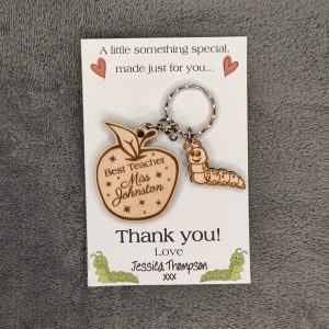 Personalised Teacher Gift Keyring: Engraved Wooden Apple & Caterpillar Tag