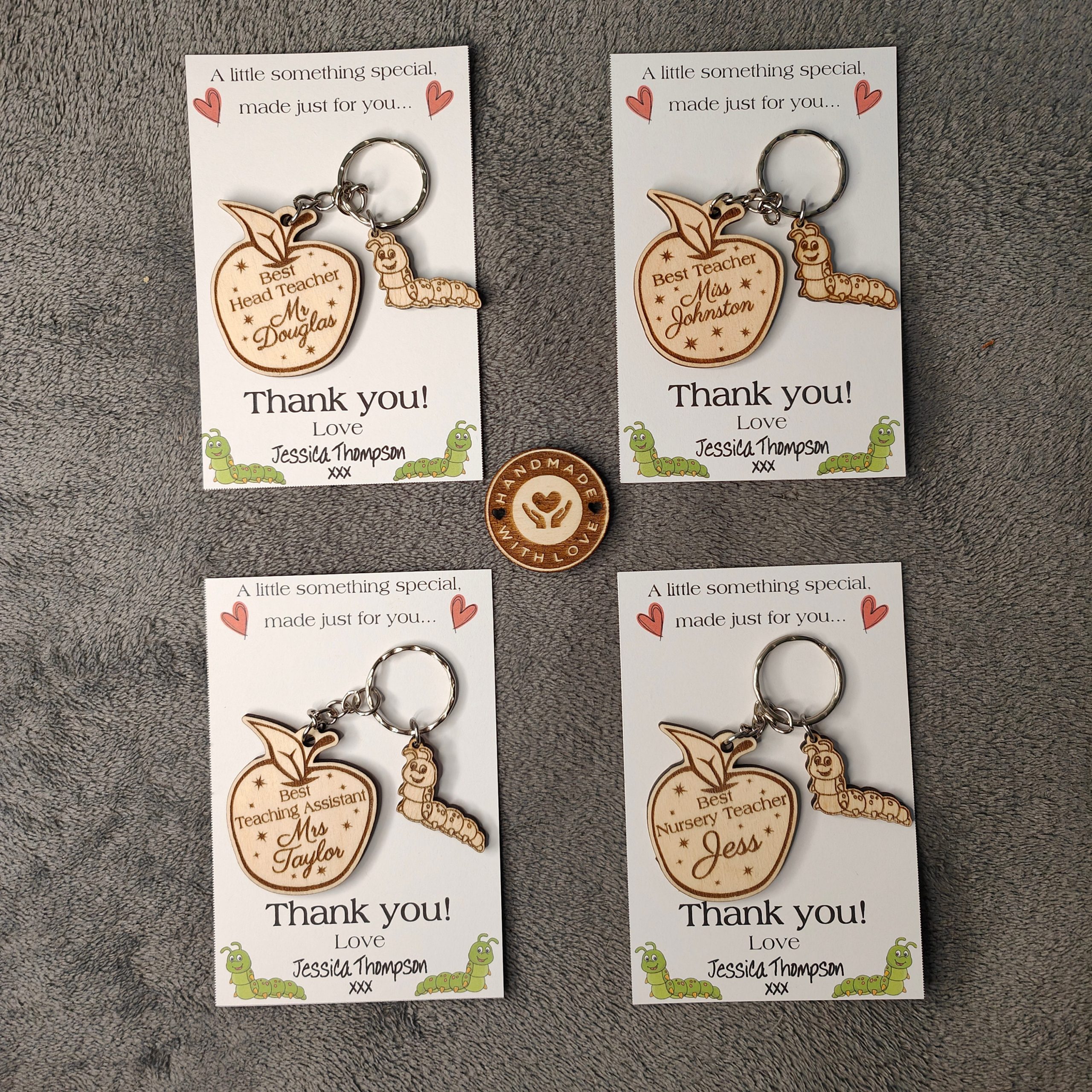 Personalised Teacher Gift Keyring: Engraved Wooden Apple & Caterpillar Tag - Image 3