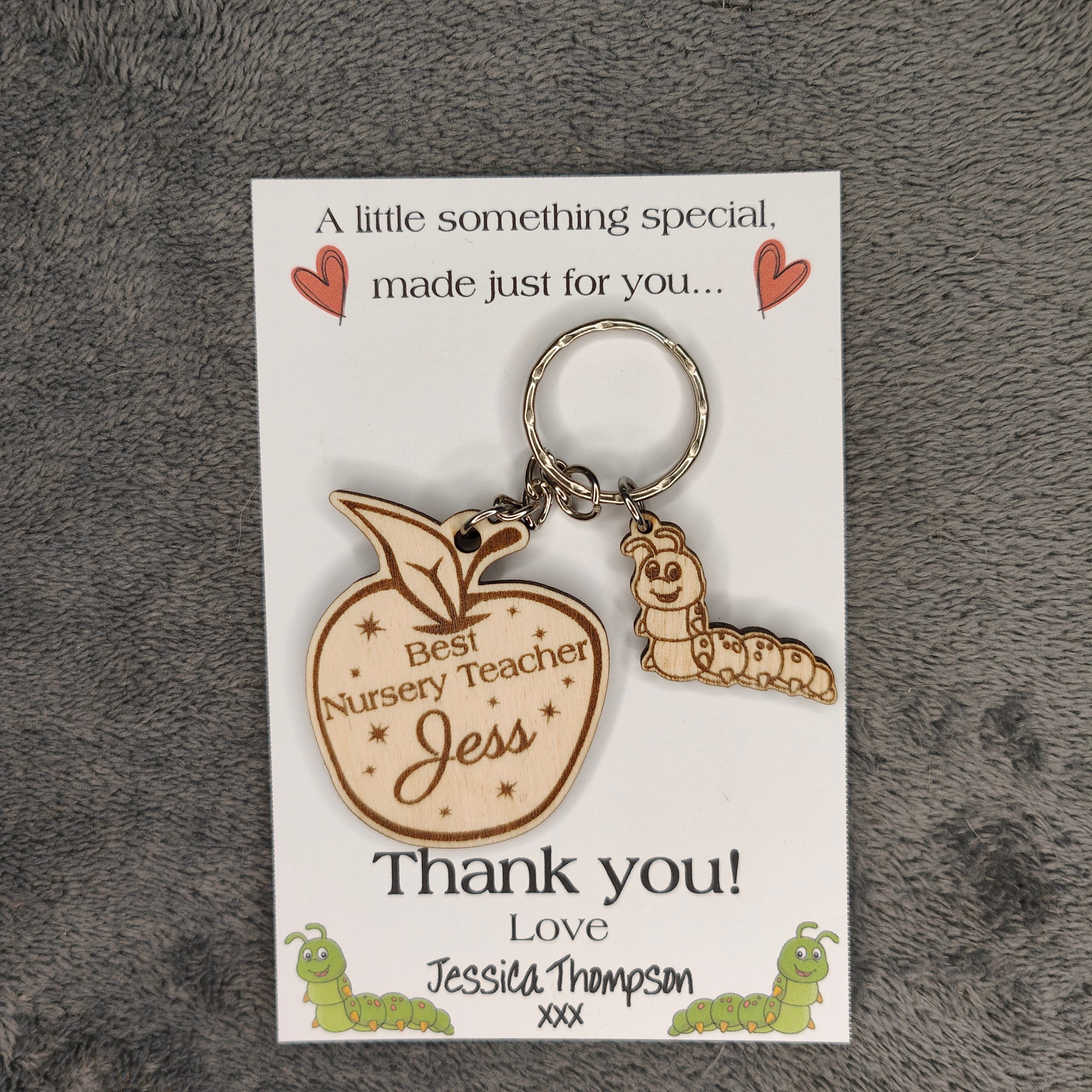 Personalised Teacher Gift Keyring: Engraved Wooden Apple & Caterpillar Tag - Image 8