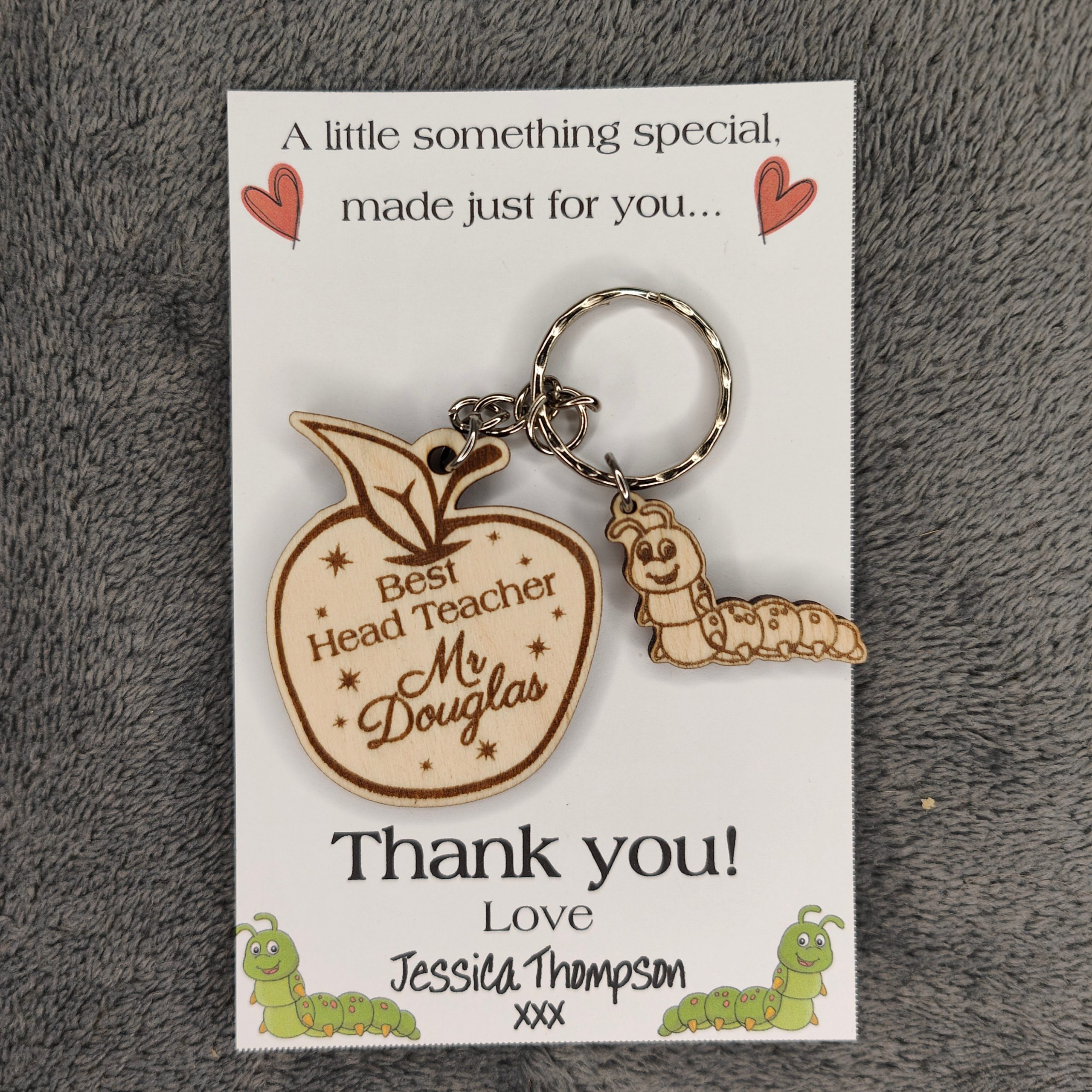 Personalised Teacher Gift Keyring: Engraved Wooden Apple & Caterpillar Tag - Image 5
