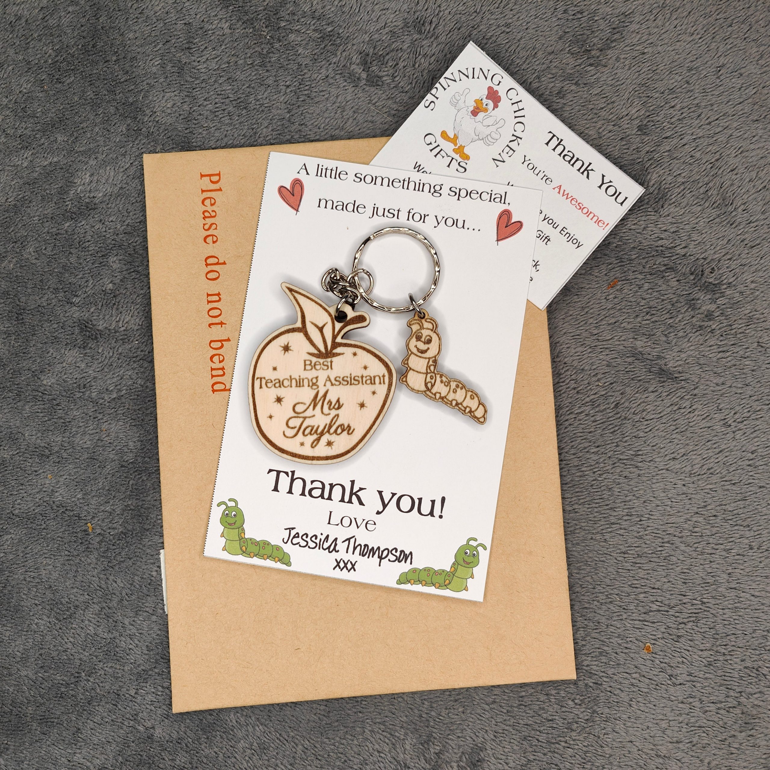 Personalised Teacher Gift Keyring: Engraved Wooden Apple & Caterpillar Tag - Image 9