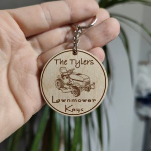 Personalised Wooden Lawnmower Keyring: Engraved Birthday Gift