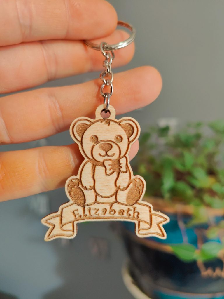 Personalised Teddy Bear Keyring: Engraved Wooden Animal Bag Tag