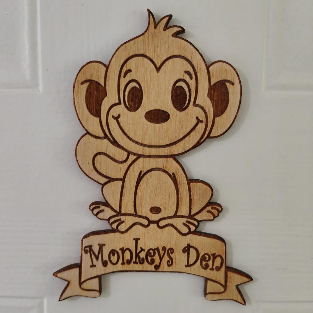 Personalised Monkey Door Sign: Engraved Wood, Jungle Nursery Decor