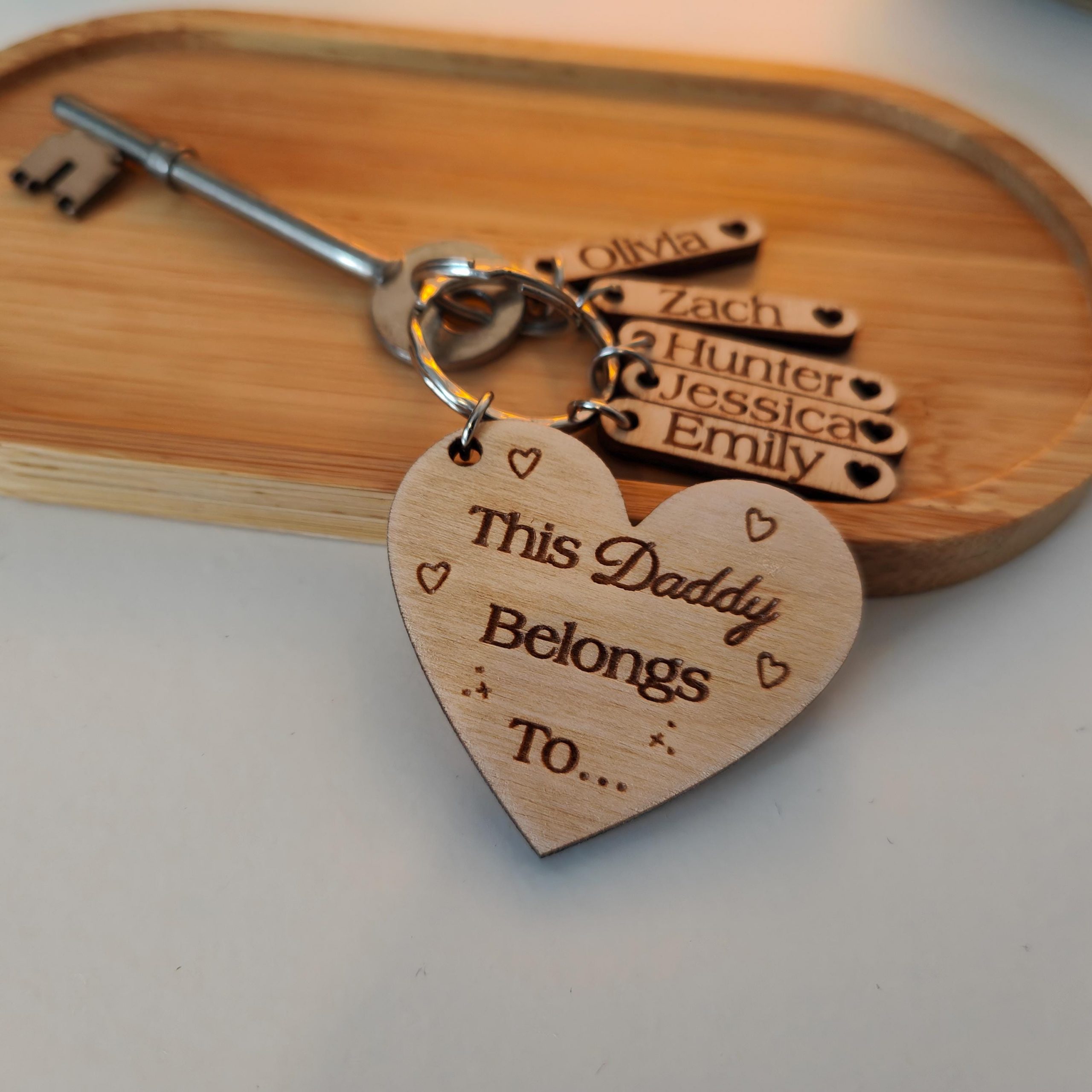 Personalised Wooden 'This Daddy Belongs To' Keyring: Engraved Kids Names - Image 2