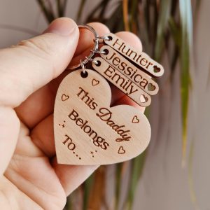 Personalised Wooden 'This Daddy Belongs To' Keyring: Engraved Kids Names