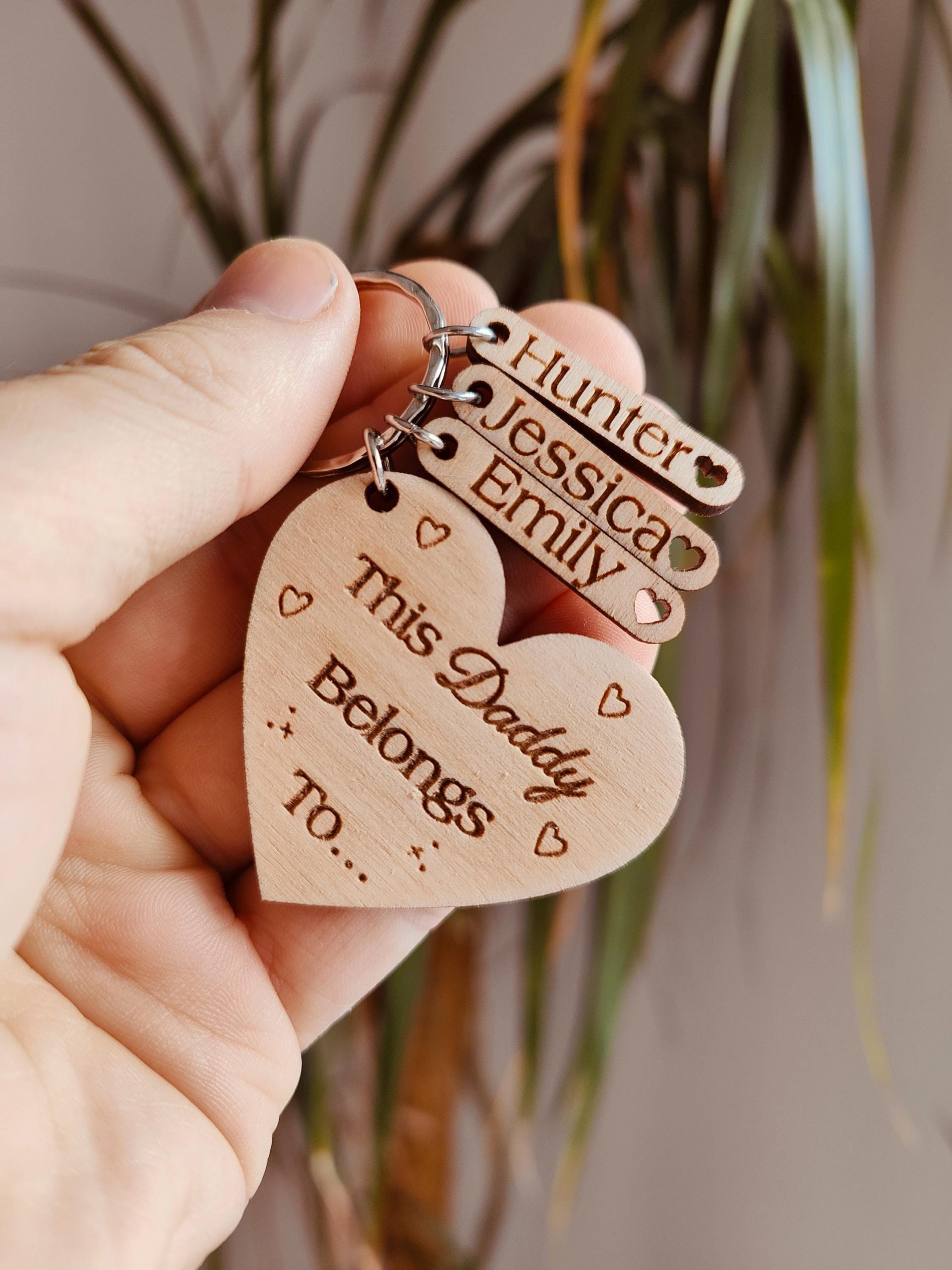 Personalised Wooden 'This Daddy Belongs To' Keyring: Engraved Kids Names