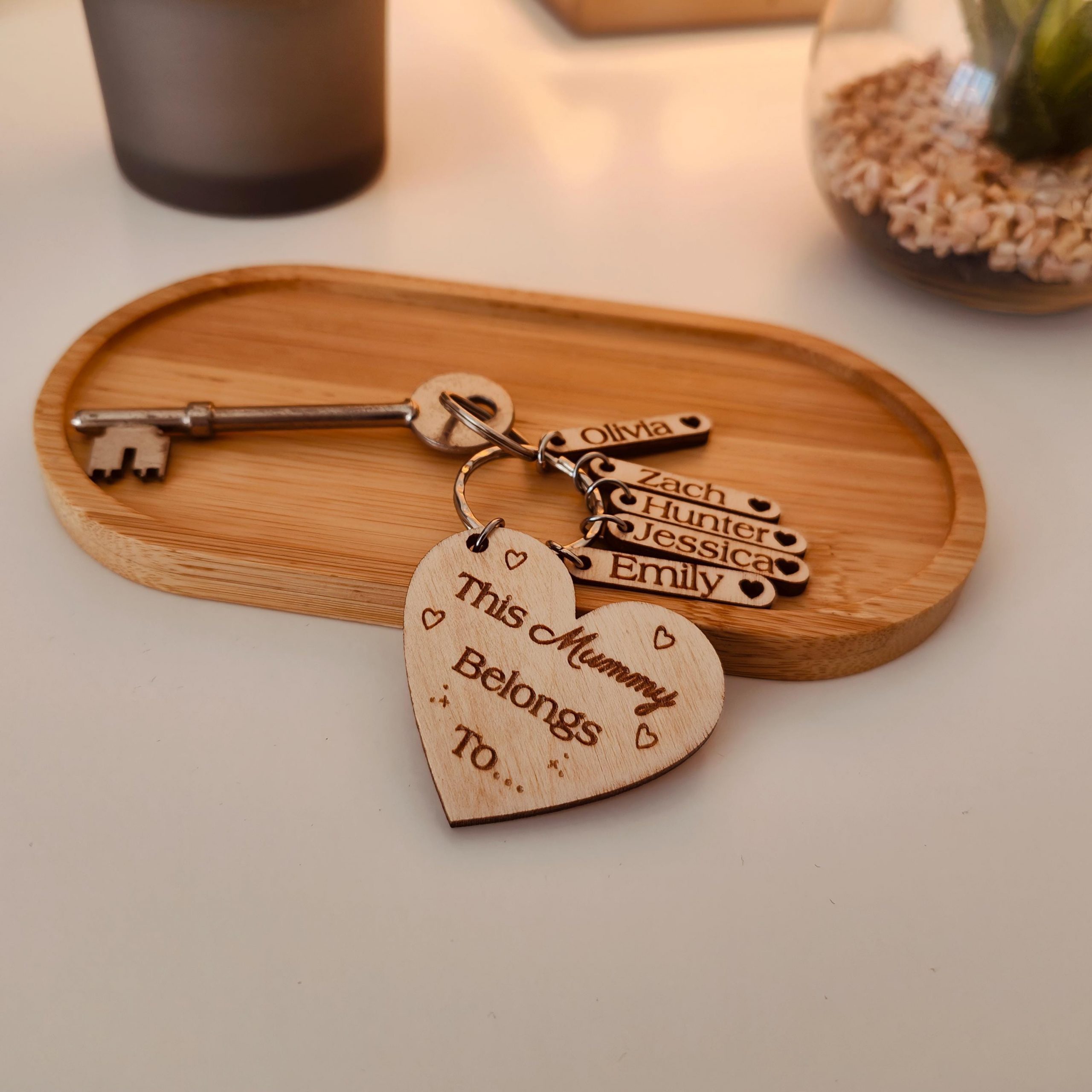 Personalized 'This Mummy Belongs To' Wooden Keyring, Engraved Kids Names - Image 2