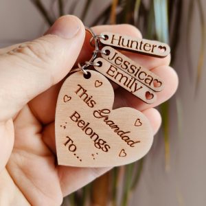 Personalised Grandad Wooden Keyring: Engraved Kids Names, Gift for Father