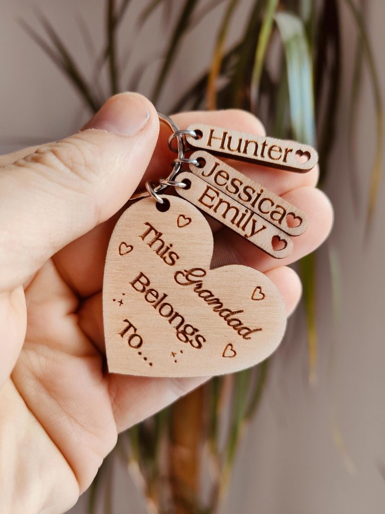 Personalised Grandad Wooden Keyring: Engraved Kids Names, Gift for Father
