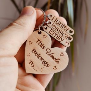 Personalised Uncle Wooden Keyring: Engraved Heart with Kids Names