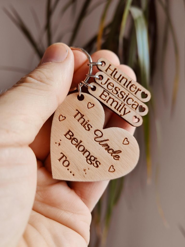 Personalised Uncle Wooden Keyring: Engraved Heart with Kids Names