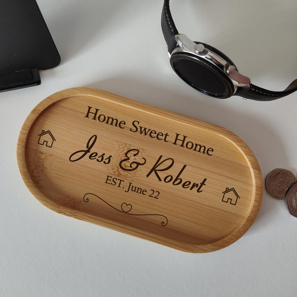 Personalised New Home Wooden Tray: Engraved Key Holder, Trinket Dish