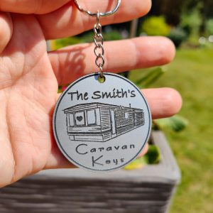 Personalised Static Caravan Keyring: Laser Engraved Acrylic Gift