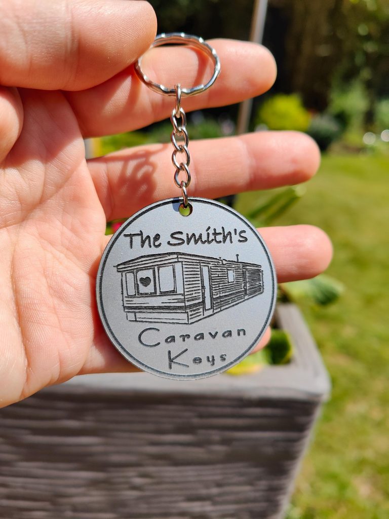 Personalised Static Caravan Keyring: Laser Engraved Acrylic Gift