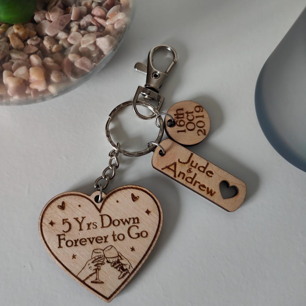 Personalised 5 Year Anniversary Wooden Keyring, Engraved Name & Date