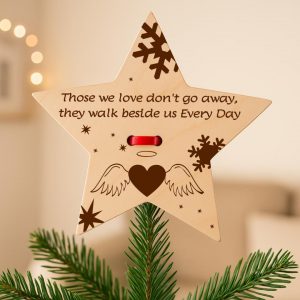 Sentimental Memorial Christmas Tree Star Topper: Engraved Wood Ornament for lost loved ones