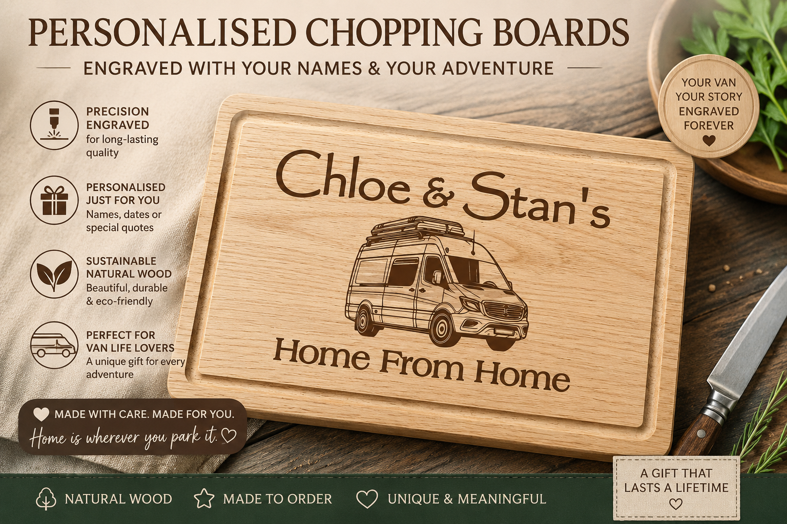 Personalised Vanlife Chopping Board Wooden Engraved Gift Custom Camper Kitchen Home From Home self build van conversion - Image 2