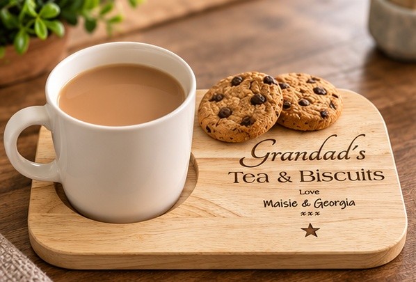 Personalised Wooden Tea and Biscuit Tray, Engraved Drink and Snack Board, Tea Cup Holder, Grandad Gift, Birthday or Christmas Gift - Image 3