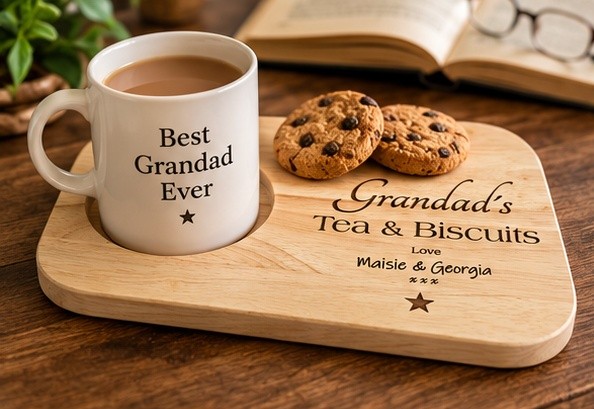 Personalised Wooden Tea and Biscuit Tray, Engraved Drink and Snack Board, Tea Cup Holder, Grandad Gift, Birthday or Christmas Gift - Image 2