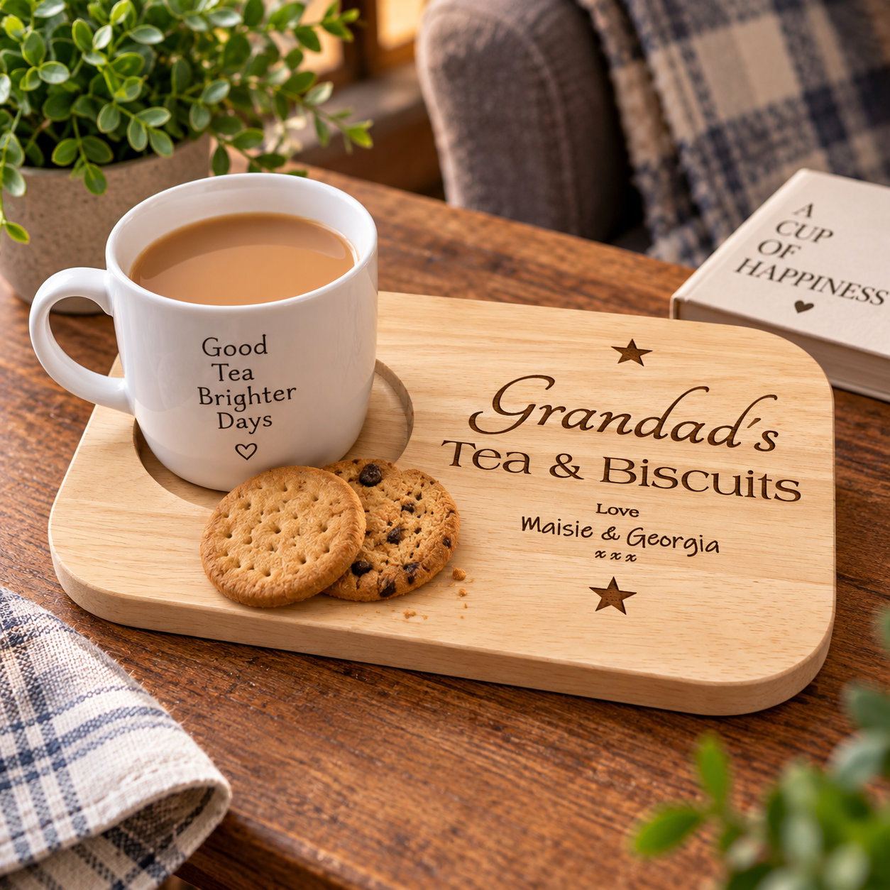 Personalised Wooden Tea and Biscuit Tray, Engraved Drink and Snack Board, Tea Cup Holder, Grandad Gift, Birthday or Christmas Gift