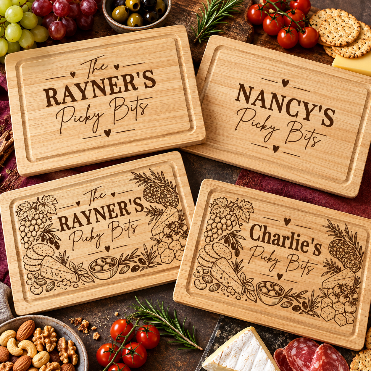Personalised Picky Bits chopping board with laser engraved family name on wooden grazing board